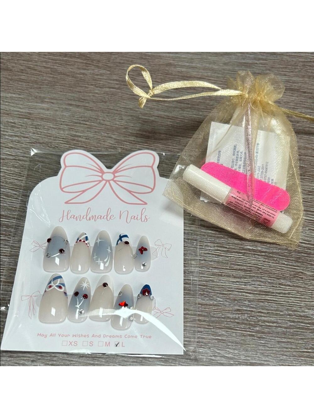 Handmade Red, White, and Blue Nail Set with Accessories